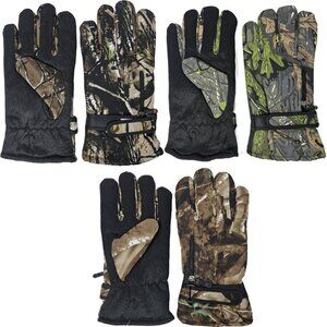 Men Winter Ski Gloves Waterproof, Zipper Pocket, Forest Hunting Camo Snow 3-PACK